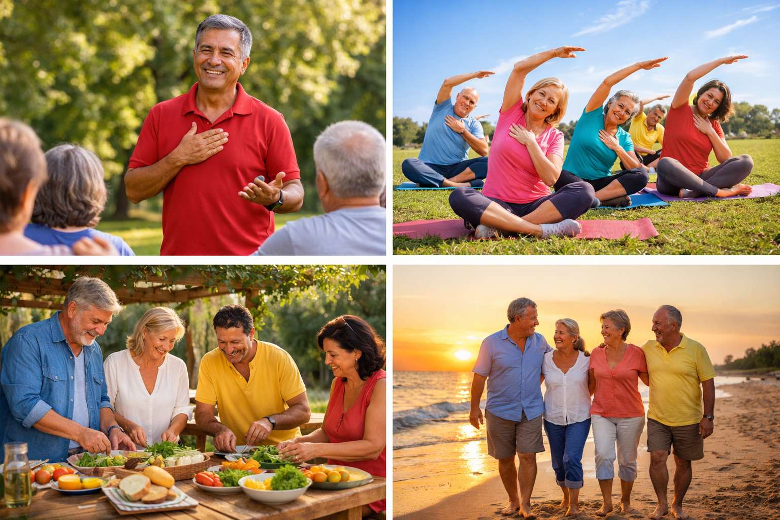 Grupo de adultos participando en actividades saludables